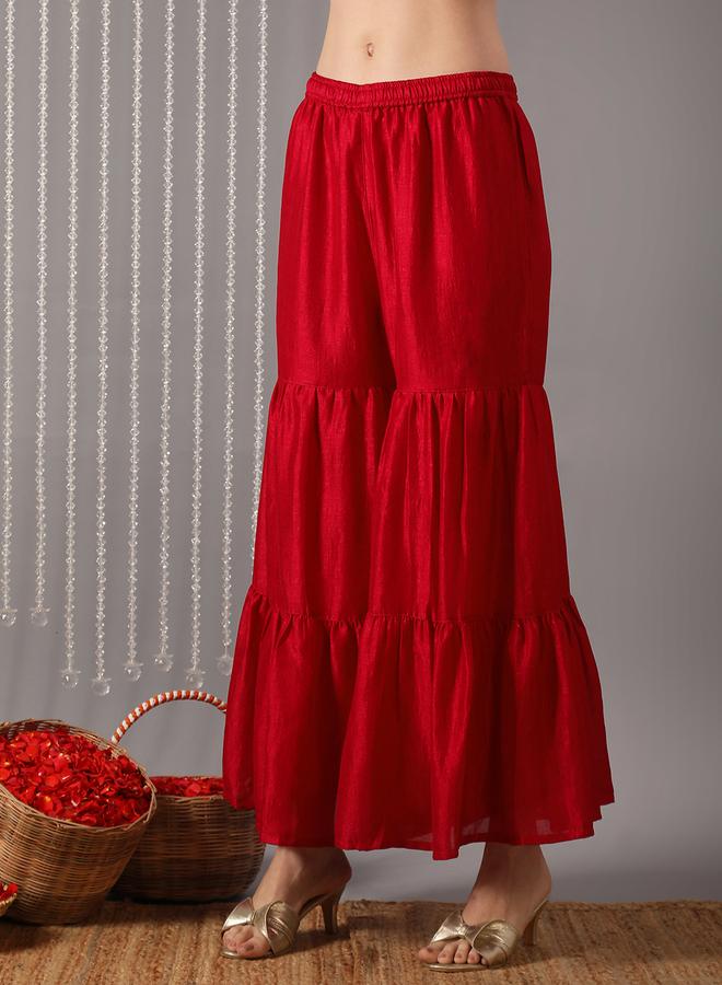 globus Women Red Embroidered Detail Straight Kurta with Sharara and Dupatta Set - Image 4